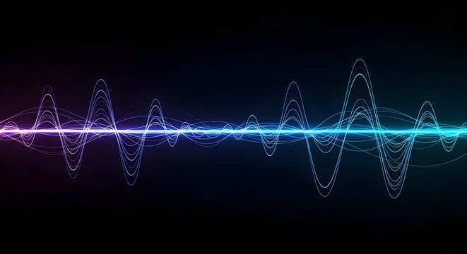 Vibrant neon sound waveform pulsating with energy against a dark background - Powered by Adobe
