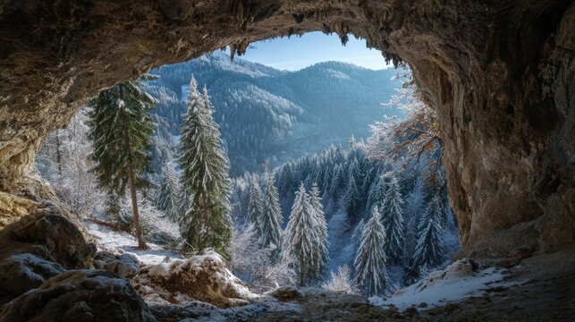 View from inside a rocky cave to snow-covered pine forest - Powered by Adobe