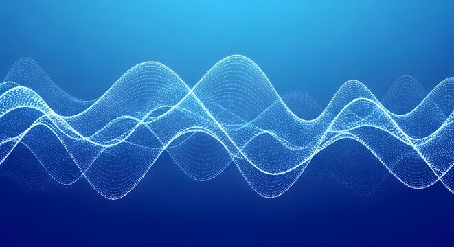 Abstract glowing blue waveform with shimmering particles on a dark blue gradient background representing sound - Powered by Adobe