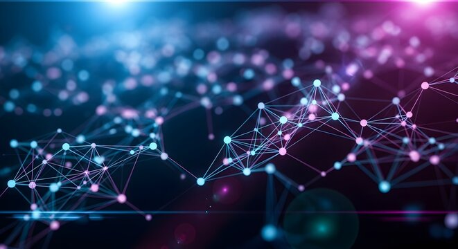 Abstract glowing network of interconnected nodes and lines with vibrant blue and purple neon lights creating a futuristic digital connection concept