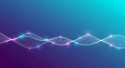 Abstract glowing digital dna helix with sound wave visualization and vibrant neon light effects on a dark blue background