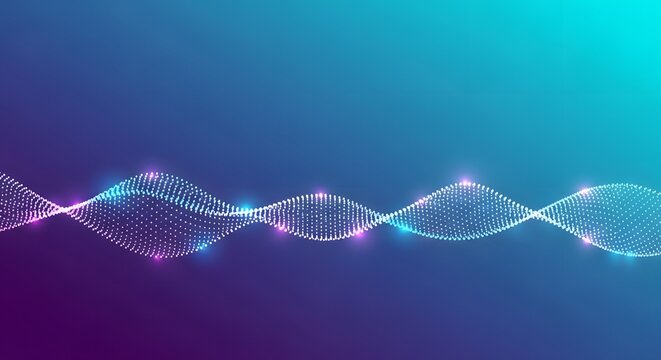 Abstract glowing digital dna helix with sound wave visualization and vibrant neon light effects on a dark blue background - Powered by Adobe