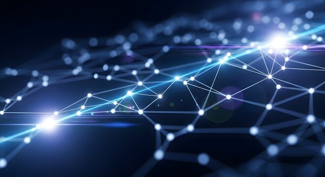 Abstract glowing digital network of interconnected nodes and lines representing data flow and global connectivity