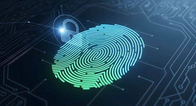 Futuristic digital fingerprint scan with glowing lines on circuit board background for biometric security