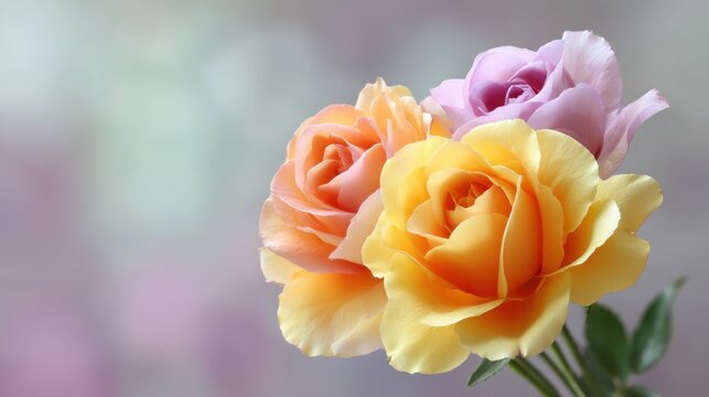 Beautiful arrangement of pink, orange, and yellow roses on soft blurred background showcasing natural elegance and floral beauty in full bloom