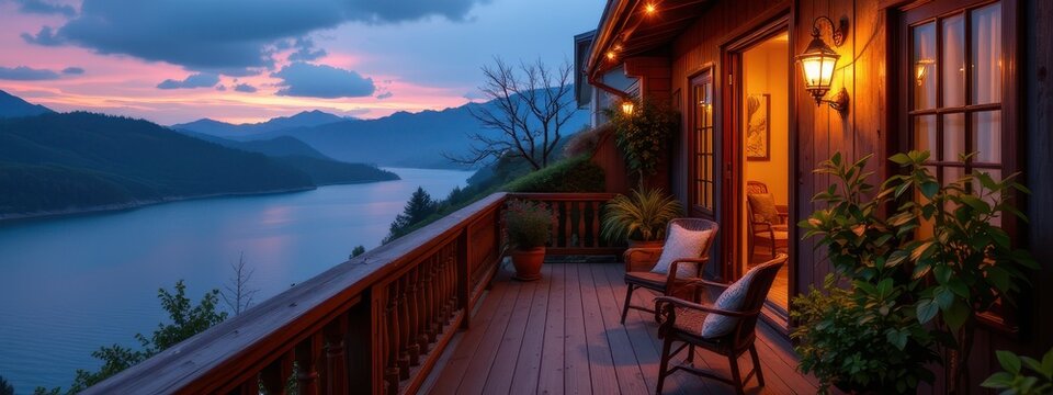 Vintage style balcony with warm lighting, chill serenity captured in a timeless harmony of creation and meditation