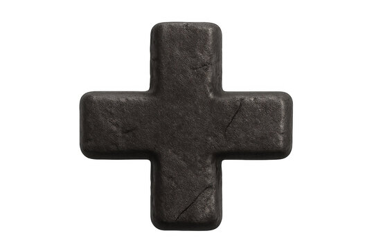 Rough dark stone plus sign or addition symbol with textured surface for mathematics and calculation concepts