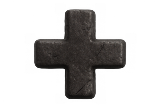 Rough dark stone plus sign or addition symbol with textured surface for mathematics and calculation concepts