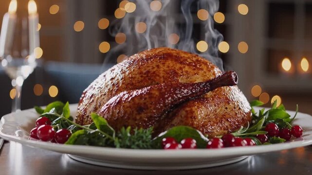 Thanksgiving day dinner roasted turkey with holiday autumn decor and candles. Family dining room table set with delicious golden roasted turkey on platter garnished rosemary fresh small pumpkins. Hot 