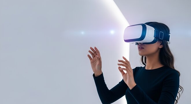 Young woman engaging with immersive virtual reality experience, reaching out with hands in a digital world.