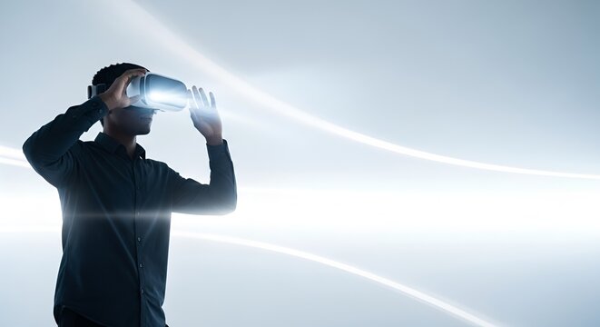 Man experiencing immersive virtual reality with a glowing futuristic interface