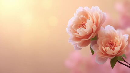 Obraz premium Delicate peach peonies in soft focus with a dreamy pastel background, perfect for floral themes, weddings, and springtime inspiration
