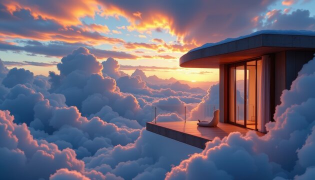 Cloud level balcony floating in sky, surreal lighting, chill serenity meets meditation and creation in ethereal harmony