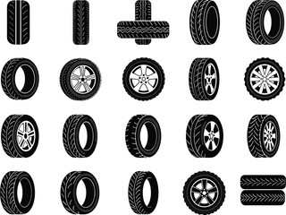 Car tire vector collection featuring wheel rims, rubber tread patterns, automotive icons, transportation elements for vehicle design, mechanic graphics, engineering projects, and repair illustrations © Farzana