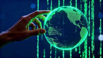 Hand touching digital globe with binary code - Powered by Adobe