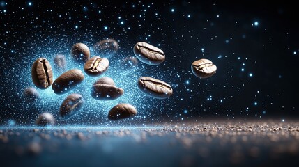 Dynamic roasted coffee beans floating in a cosmic blue particle cloud
