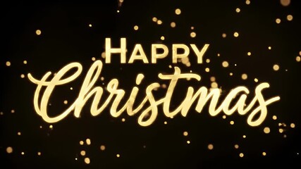 Happy Christmas gold script text animation with floating golden bokeh particles on black - Powered by Adobe