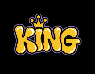 Playful word "king" in yellow with a crown, isolated on a black background