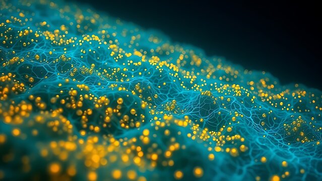 A macro view of an underwater microbial mat as a glowing, electric-blue mycelial network.