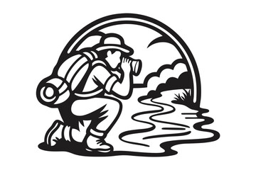 Backpacker kneels near river with camera capturing the scenic landscape in black and white