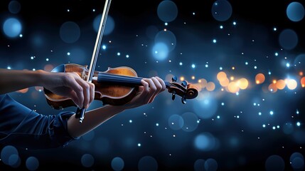 Musician playing violin with a bow, creating music on a stage with artistic glowing bokeh lights