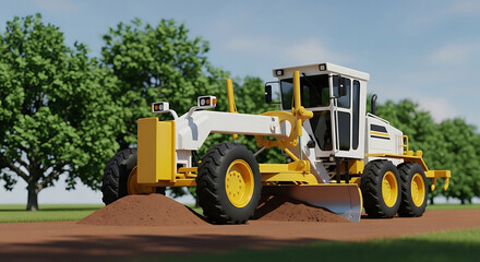 A yellow and white grader working on a dirt pile with trees and a blue sky in the background