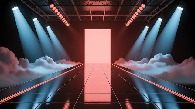 Lit runway shows a shiny path through the fog with ceiling spotlights overhead