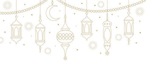 Ramadan Kareem horizontal banner with hanging arabian lanterns. Islamic oriental holiday garland. Elegant, slender silhouettes of lamps and lanterns in oriental style. Muslim ornament for Eid Mubarak © Marivolkoff