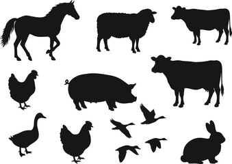 Farm animal silhouette collection vector illustration, black livestock icons of horse cow pig sheep chicken duck goose rabbit, isolated on white background, agriculture design