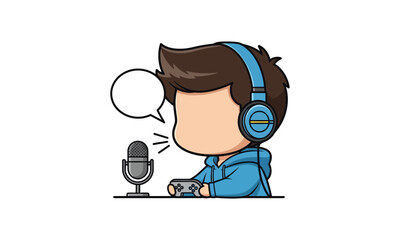 Cute Male Streamer Vector Illustration with Headphones, Microphone, and Game Controller
