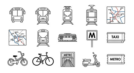 Dynamic urban transport icons including buses trains trams metro maps taxis bicycles scooters and station signs for city travel planning © rohmat