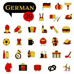 A set of icons in red, black, and yellow colors dedicated to German culture. EPS 10.