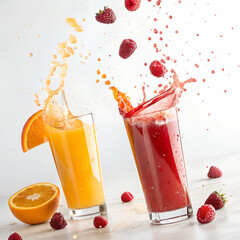 Refreshing red strawberry and orange citrus juice cocktail drink in a glass with fresh fruit isolated on white