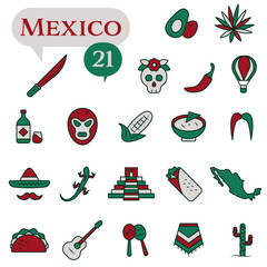 A set of icons in green, red, and white tones dedicated to life in Mexico.