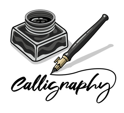 Calligraphy pen and inkwell vector illustration on transparent background