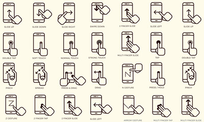 Smartphone touch screen icon set. Hand clicking, tapping, touch gesture on mobile device. Cell phone interface interaction. Click cursor, finger press, touchscreen action vector illustration