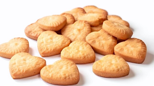 A closeup of heartshaped cookies on a white surface. The cookies are goldenbrown in color, with a glossy sheen, suggesting they are freshly baked. The texture of the cookies is visible.