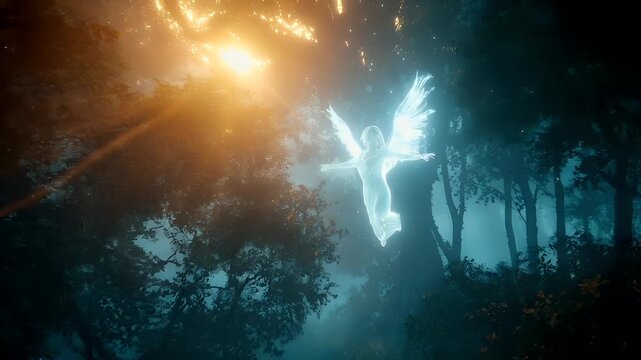 A digital artwork portraying a serene, ethereal scene. The main subject is a luminous, winged figure, possibly an angel or a celestial being, floating amidst a misty, forested backdrop.