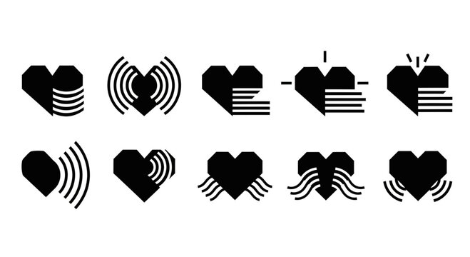 Dynamic heart icons representing connection data signals and energy flow for modern branding and technology concepts