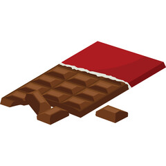 Delicious Milk Chocolate Bar with Red Wrapper Partially Unwrapped with Pieces Broken Off and Scattered Isolated on White Background