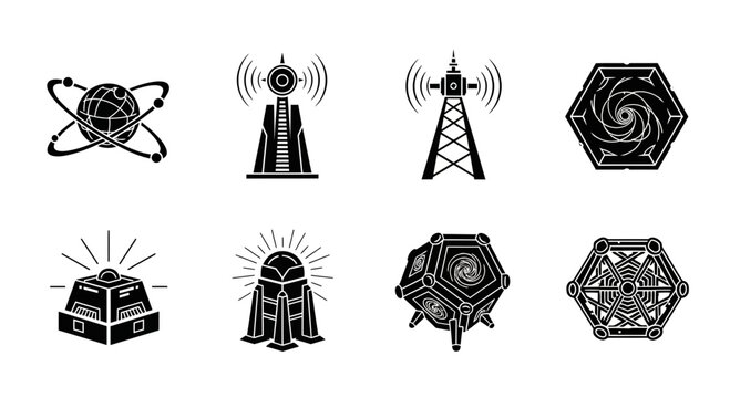 Modern technology icons featuring atomic structure, communication towers, and futuristic geometric designs for innovation and progress themes