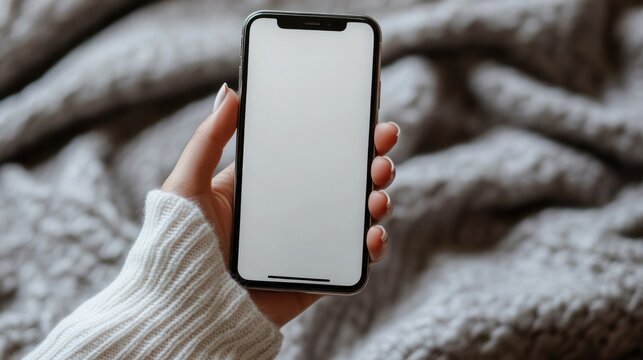 Digital Connection: A person's hand gracefully cradles a sleek smartphone with a blank screen, suggesting the potential for endless connectivity, communication, and technological exploration.