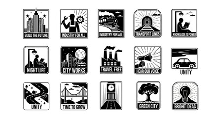 Modern business icons showcase progress, industry, urban life, and bright ideas for impactful presentations and designs