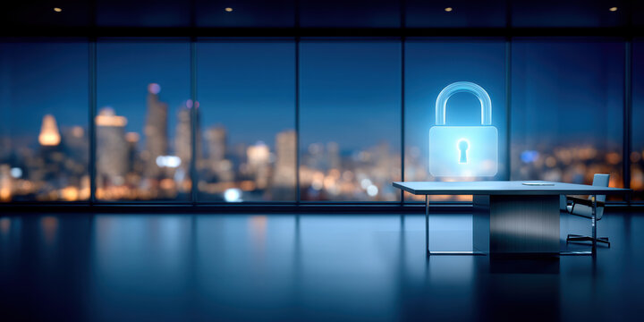 Secure office desk with glowing padlock hologram data security symbol over city skyline at night conveying protection and trust - Powered by Adobe