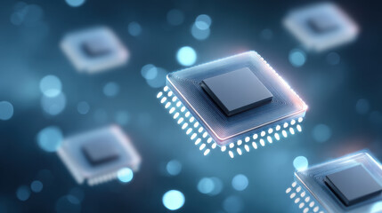 Data security glowing microchip concept with floating processor and network light bokeh creating futuristic tech atmosphere