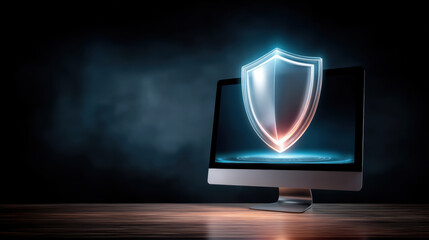 Digital shield glowing over desktop monitor symbolizes data security and cyber protection for users in modern workspace