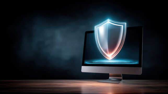 Digital shield glowing over desktop monitor symbolizes data security and cyber protection for users in modern workspace