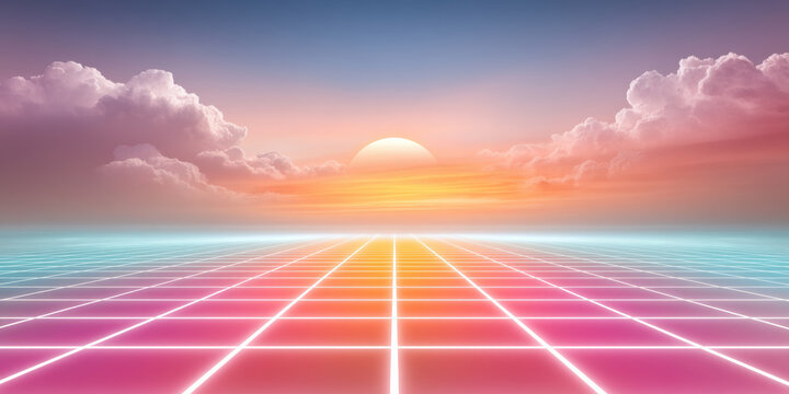 Neon sunset grid horizon retro landscape pastel sky clouds data security scene with glowing lines evoking nostalgic futuristic mood