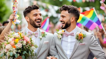 Love and Pride: Capturing a joyful moment as a same-sex couple, embraced by a sea of vibrant celebration and unity with a bouquet and rainbow flag in the festival.