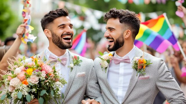 Love and Pride: Capturing a joyful moment as a same-sex couple, embraced by a sea of vibrant celebration and unity with a bouquet and rainbow flag in the festival.